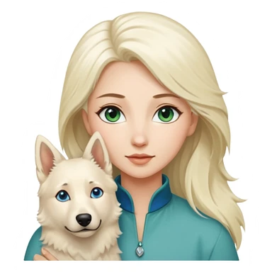A white blonde Hair Woman with blue Green eyes with a White Shepard with a little bit beige in the fur in a lovely pose  sticker