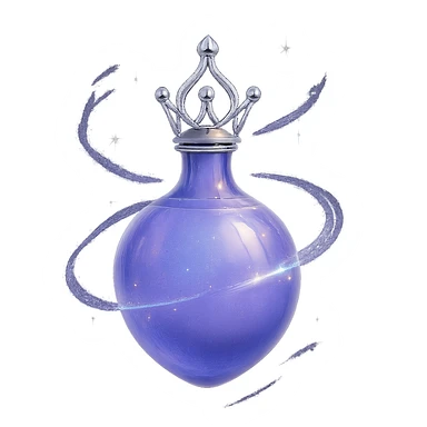 final ultra-luxurious small elixir bottle inspired by a crown shape on top, color #7986cb, bottom merges seamlessly into a rounded, closed bottle (not flat or glass-like), the whole bottle looks like it's floating and swirling in the air, elegant silver and iridescent details, magical glowing and sparkling effects, very small neck, seamless rounded bottom, transparent background, no base or shadow, modern, luxury collection style sticker