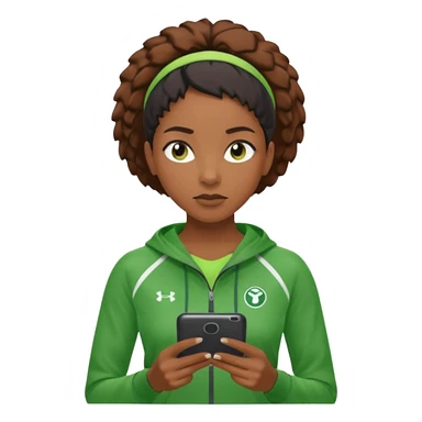 A calm black female coach with folded arms, analyzing the game with sharp focus, green clothes sticker