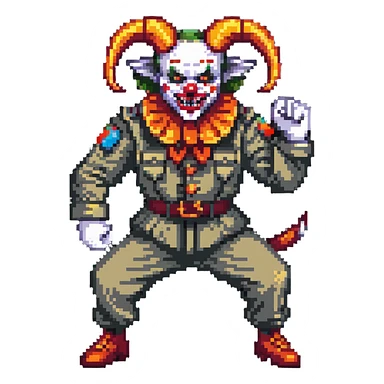 evil clown soldier with billy goat horns, fangs, pointed ears, leisure suit, fighting stance sticker