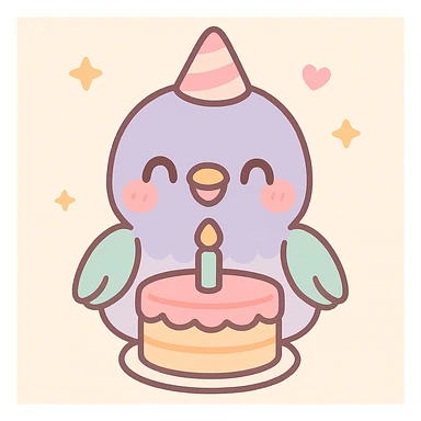 happy baby pigeon smiling brightly in front of birthday cake, warm and cute feeling, soft pastel colors sticker