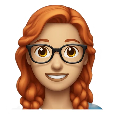 female with long red hair and glasses smiling with blue eyes and red shirt sticker