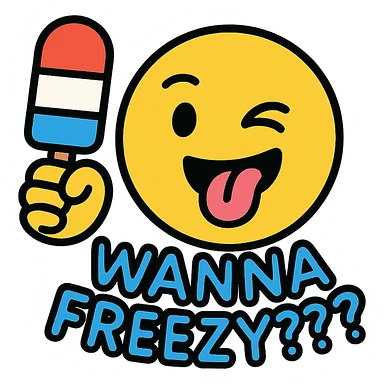 emoji character with a playful expression, holding a popsicle, with the text 'wanna freezy???' in a fun font, color outline style sticker