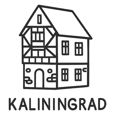 Icon of a house in Kaliningrad, hand drawn, black outlines, no fill, simple and clean, angled view sticker