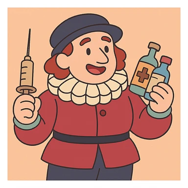 Tudor doctor holding medicine bottles and medical equipment in pastel toon cartoon style, soft colors, gentle shading, smooth gradients, calm and friendly expression sticker