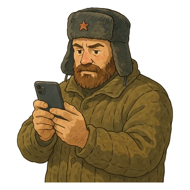 ghibli style illustration of a Russian military blogger in ushanka and vatnik, holding a phone sticker