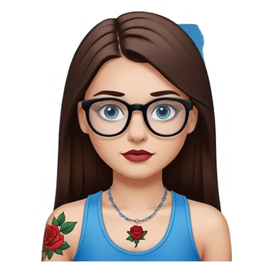 White girl with long straight brown hair and blue eyes wearing plastic frame glasses that go from black to clear ombré from top to bottom. Stud nose piercing on right side of nose and a septum piercing. Wearing black tank top. Rose tattoo on right arm. sticker