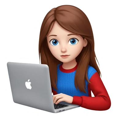 Emoji of a cute 3D girl with long brown hair and blue eyes, wearing a red sweater, focused working on a MacBook laptop, white background sticker
