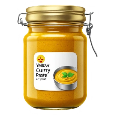 jar of yellow curry paste, short and round, glass, vibrant yellow paste, thick and grainy, metallic or plastic lid, blank label optional, 3D clean style, transparent background, optimized for emoji size sticker