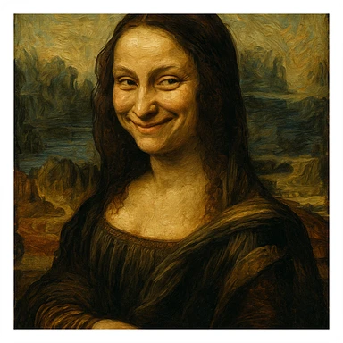 Mona Lisa in an oil painting style, mischievous and playful smirk, rich textures and brushstrokes sticker