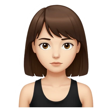 Crie um emoji que tenha o cabelo castanho médio, de cumprimento no peito, que tenha uma franja no tamanho da sobrancelha, com os olhos escuros e que use uma regata preta sticker