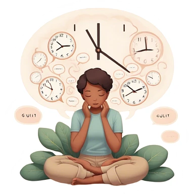 A person sits with their hands gently resting on their lap, eyes closed, exhaling slowly. Above them, a swirling thought bubble holds the words guilt and discomfort, but they don’t push it away—they just sit with it. In the background, a clock ticks softly, symbolizing the pause before responding. = sticker