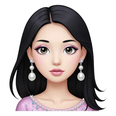 asian long black hair silver grey eyes glossy lips glittery white and light pink eyeshadow girl pearl earrings sticker