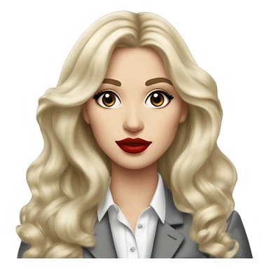 Russian Blonde long hair with big red lips small nose and black eyes Tiffany diamond seller in a grey suit sticker