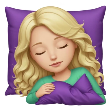 lady with long wavy blonde hair, purple top, green eyes, head on pillow, sleeping sticker