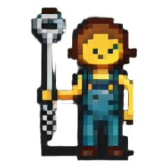 Technical pixel art badge with colorful stick figure holding car tool key sticker