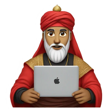 A caliph with turban and red clothes writing in a laptop sticker