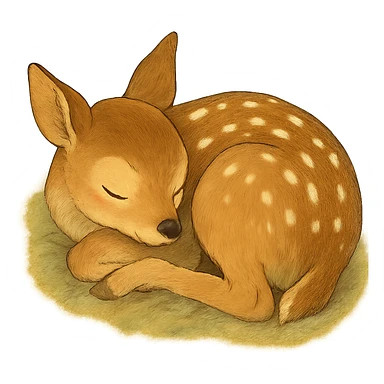 realistic baby fawn curled up sleeping, natural colors, soft, fairy-like atmosphere, no background, square size sticker