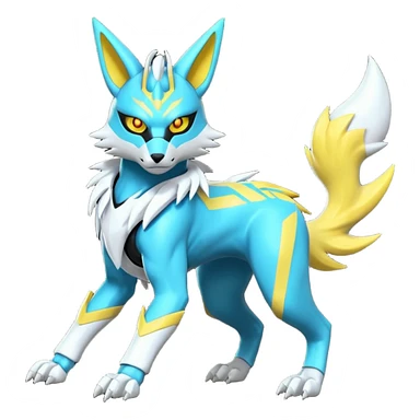 Shiny cyan yellow white electric complex futuristic white-cyber-masked Zeraora-Renamon-Electrike-Umbreon-Lombax-Weregarurumon-fusion-creature (full body sticker