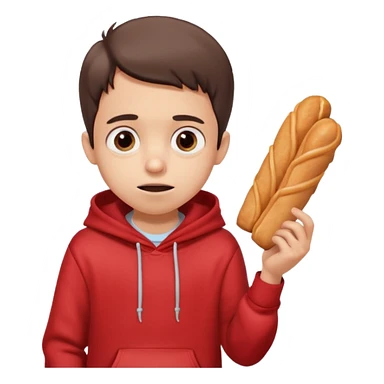 ute funny Spanish cartoon boy named Peque Tito, red hoodie, denim shorts, big expressive eyes, holding a churro, Pixar-style, viral character.” sticker