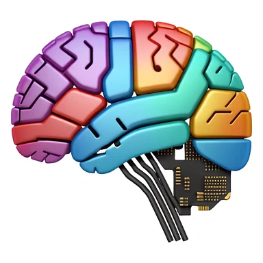 stylized brain emoji that looks like it is made from computer circuitry, with microchips and electronic traces sticker