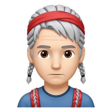 young climber man with white/grey braided hair and headband sticker