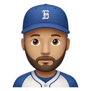 Man with bald head and beard wearing a baseball cap sticker