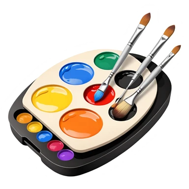 A palette of paints for the artist in the aesthetic style of minimalism and next to it three brushes in the same style sticker