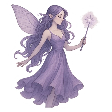 elegant purple fairy, sparkly wand, fantasy illustration sticker