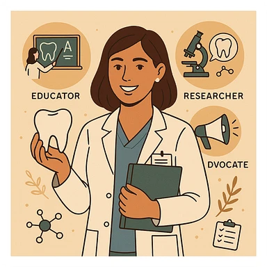 dental hygienist combining educator, researcher, and advocate roles, surrounded by symbols of teaching, research, and advocacy sticker