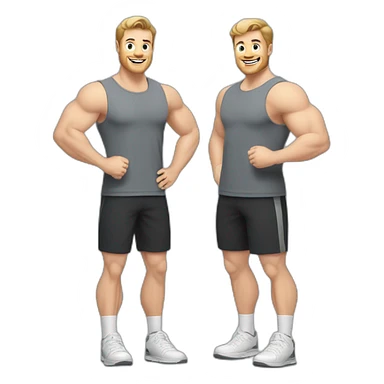 Full height Actively gesturing with hands Pale skinned Fit Man With the biceps and light brown hair with Bristle in dark gray Sleeveless Mike, black oversize sports shorts and white Sneakers sticker