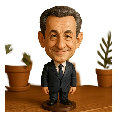bobblehead style figure of Nicolas Sarkozy, French politician, suit and tie, oversized head, friendly expression sticker