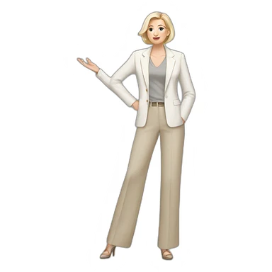 Full height Actively gesturing with hands pale skin woman with ash blonde Straightened bob Hair, White Spacious classical jacket, beige palazzo Arrow pants and gray blouse sticker