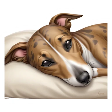 Meme-Worthy Cute Sleeping Brindle Greyhound Portrait Emoji, Head resting peacefully with a contented smile, showcasing a slender build and a luxuriously smooth brindle Fur, eyes shut in a serene nap, Simplified yet hilariously adorable features, highly detailed, glowing with a soft, drowsy light, high shine, relaxed and utterly lovable, stylized with an air of playful laziness, bright and heartwarming, soft glowing outline, capturing the essence of a comically sleepy racer, so meme-worthy it feels like it could instantly become the next viral sensation of adorable slumber! sticker