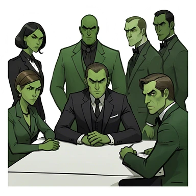 6 Caucasian people sitting around a table looking unhappy sticker