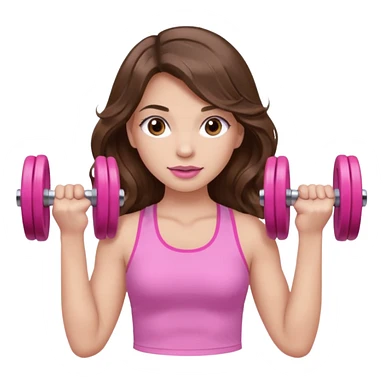 girl with wavy long brown hair, brown eyes, light to medium complexion, long lashes, light pink lipstick, wearing light pink shirt, lifting pink dumbbells in a sports top sticker