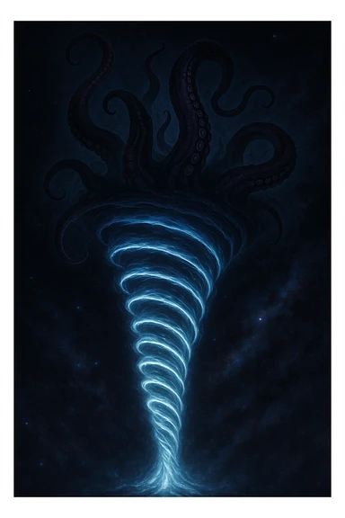 A space-time rift in the form of a tornado, with luminous spirals and monstrous tentacles of an eldritch god emerging from the upper opening, mysterious and ominous, starry background sticker