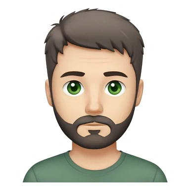 white man with dark messy short hair, dark green eyes, gray t-shirt, and short beard sticker