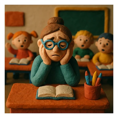 exhausted teacher in a bustling classroom sticker