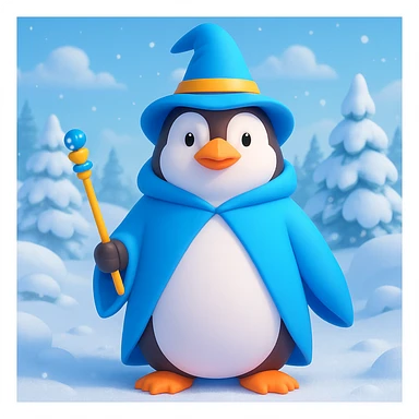 Add a snowy landscape background behind the 3D emoji style penguin wizard, keep all original colors and style. Make it 3D emoji style. sticker