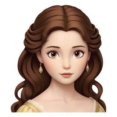 Cinematic Realistic Belle Portrait, depicted with lifelike skin texture, soft natural lighting, and intricately detailed brown hair styled elegantly. Her deep, expressive eyes exude warmth and intelligence, complemented by a serene and graceful expression. She is dressed in her classic attire, with rich fabric textures and delicate folds that catch the light beautifully. The portrait features a soft, enchanting glow with a natural, radiant finish, capturing the essence of timeless beauty in a realistic and painterly style, evoking a sense of depth and authenticity. sticker