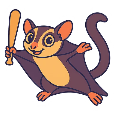 Add a baseball bat to the sugar glider and depict it gliding through the air. Maintain the original style and keep the background transparent. sticker