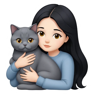 A beautiful girl with long black hair hugs a British Shorthair sticker