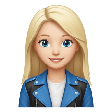 A white girl with long straight blonde hair, blue eyes and a white dress with a smiling black jacket sticker