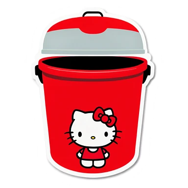 A trash bin that says GOODBYEEEE with hello Kitty in it sticker