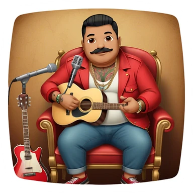 Icon for Chanson: Old fat chanson singer with tattoos and small moustache, red jacket, gold chains and braslettes, sitting on a chair with an acoustic guitar and standing microphone. No earrings. The atmosphere should reflect a nostalgic, soulful vibe with vintage elements. Transparent background. sticker
