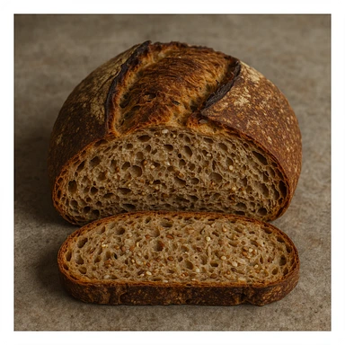 realistic whole wheat bread with quinoa and rice, rustic crust, interior rich with seeds, Italian artisanal bakery style sticker