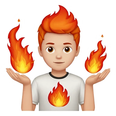 A boy with no hands fire instead made out of red fire and the boy is wearing a shirt that says FIRE CREATOR  sticker