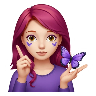 red haired girl finger holding purple butterfly sticker