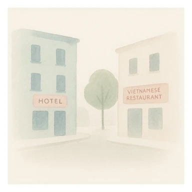 soft watercolor illustration in a minimalist, modern style, two buildings facing each other across a street, a hotel on one side and a Vietnamese restaurant on the other, pastel colors, delicate linework, gentle whimsical mood, minimal soft shading sticker